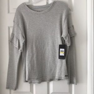 Andrew Marc Light Gray and White Ruffled Top